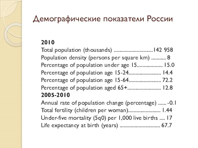Демографические показатели России 2010 Total population (thousands) .............................142 958 Population density