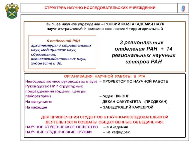 6 СТРУКТУРА НАУЧНО-ИССЛЕДОВАТЕЛЬСКИХ УЧРЕЖДЕНИЙ Высшее научное учреждение – РОССИЙСКАЯ АКАДЕМИЯ НАУК