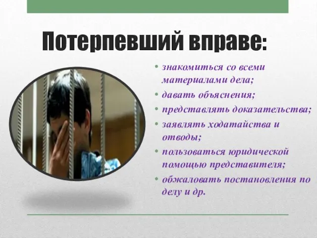 знакомиться со всеми материалами дела; давать объяснения; представлять доказательства; заявлять ходатайства