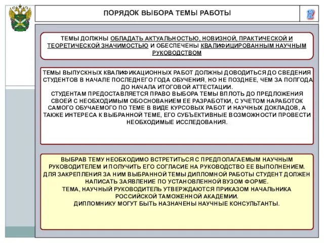 12 ПОРЯДОК ВЫБОРА ТЕМЫ РАБОТЫ ТЕМЫ ДОЛЖНЫ ОБЛАДАТЬ АКТУАЛЬНОСТЬЮ, НОВИЗНОЙ, ПРАКТИЧЕСКОЙ