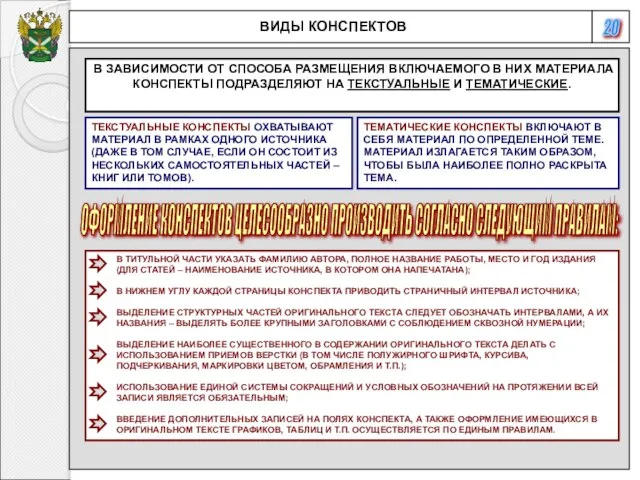 20 ВИДЫ КОНСПЕКТОВ В ЗАВИСИМОСТИ ОТ СПОСОБА РАЗМЕЩЕНИЯ ВКЛЮЧАЕМОГО В НИХ