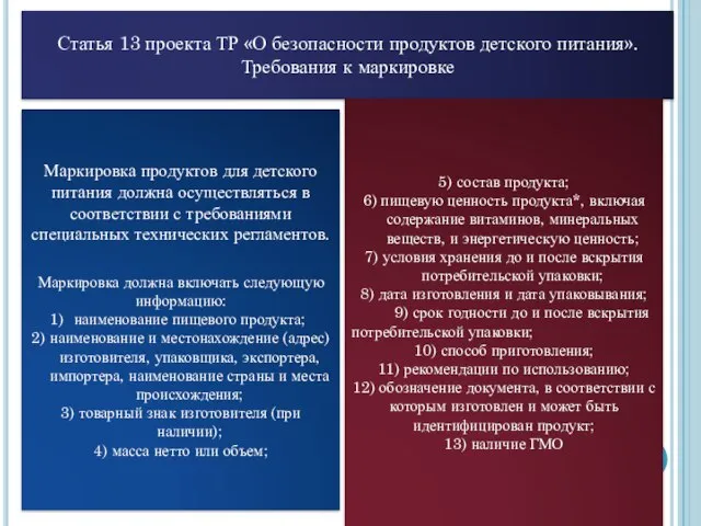 Статья 13 проекта ТР «О безопасности продуктов детского питания». Требования к