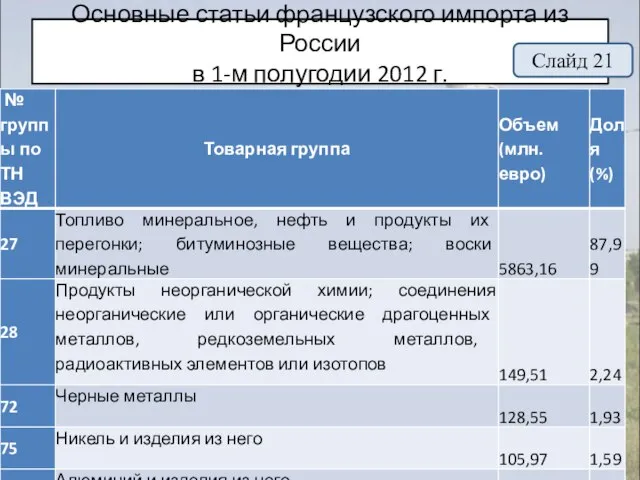 Основные статьи французского импорта из России в 1-м полугодии 2012 г. Слайд 21