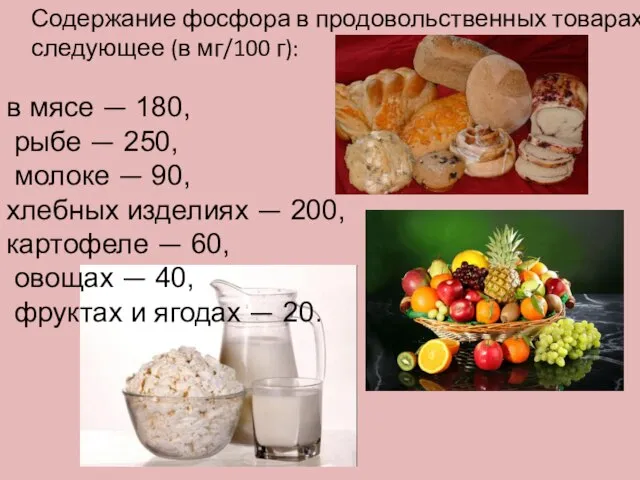 Содержание фосфора в продовольственных товарах следующее (в мг/100 г): в мясе