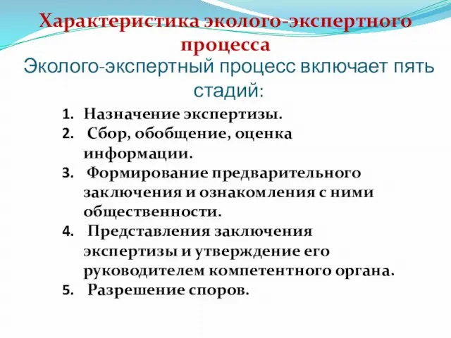 Эколого-экспертный процесс включает пять стадий: Характеристика эколого-экспертного процесса Назначение экспертизы. Сбор,