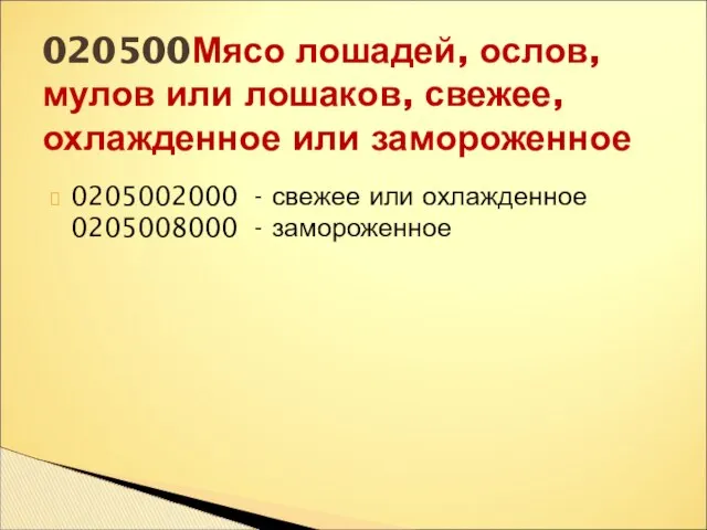 0205002000 - свежее или охлажденное 0205008000 - замороженное 020500Мясо лошадей, ослов,