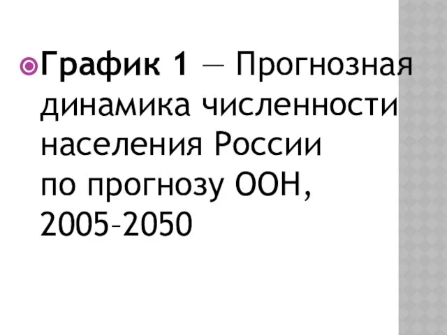 График 1 — Прогнозная динамика численности населения России по прогнозу ООН, 2005–2050