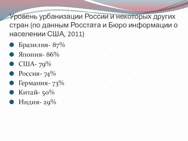 Уровень урбанизации России и некоторых других стран (по данным Росстата и