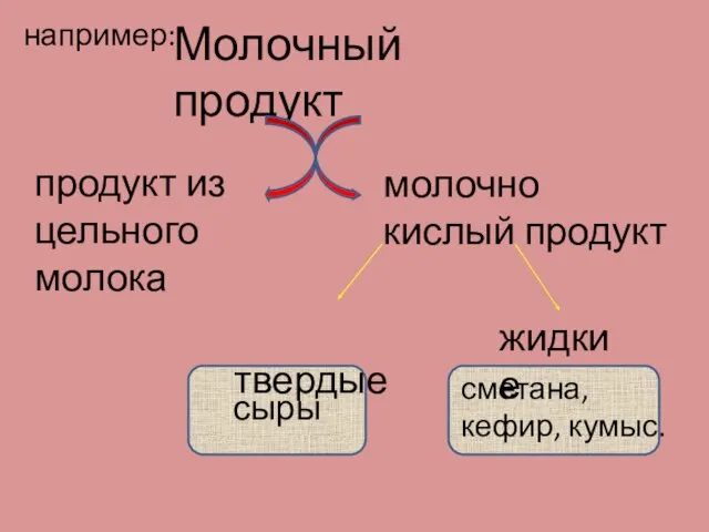 например: Молочный продукт продукт из цельного молока молочно кислый продукт твердые жидкие сыры сметана, кефир, кумыс.