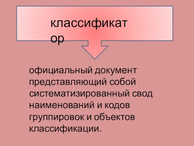 классификатор официальный документ представляющий собой систематизированный свод наименований и кодов группировок и объектов классификации.