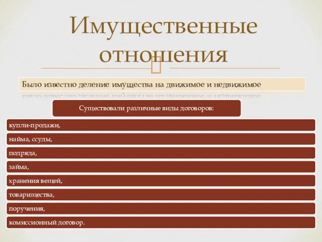 Имущественные отношения Было известно деление имущества на движимое и недвижимое