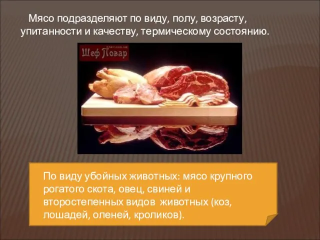 Мясо подразделяют по виду, полу, возрасту, упитанности и качеству, термическому состоянию.