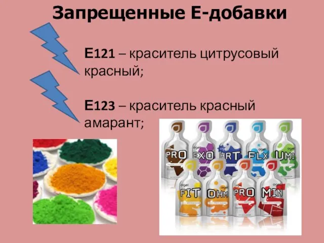 Запрещенные Е-добавки Е121 – краситель цитрусовый красный; Е123 – краситель красный амарант;