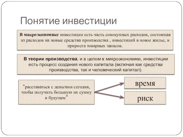 Понятие инвестиции “расставаться с деньгами сегодня, чтобы получить большую их сумму