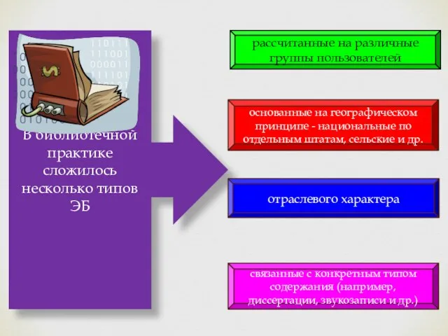 В библиотечной практике сложилось несколько типов ЭБ рассчитанные на различные группы