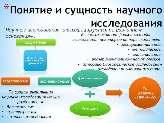 Понятие и сущность научного исследования Научные исследования классифицируются по различным основаниям.