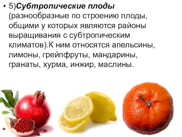 5)Субтропические плоды (разнообразные по строению плоды, общими у которых являются районы