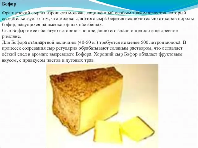 Бофор Французский сыр из коровьего молока, защищённый особым знаком качества, который