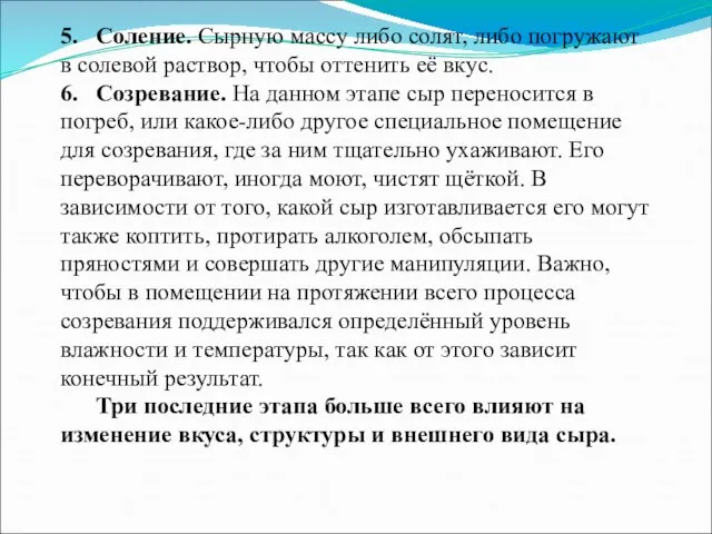 5. Соление. Сырную массу либо солят, либо погружают в солевой раствор,