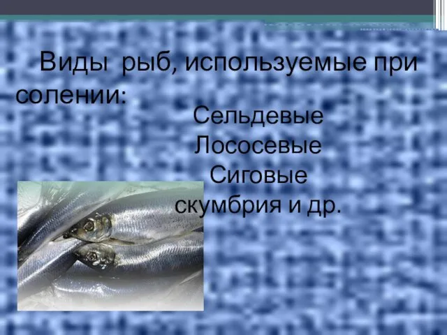 Виды рыб, используемые при солении: Сельдевые Лососевые Сиговые скумбрия и др.