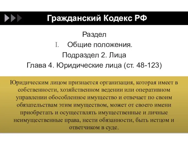 Гражданский Кодекс РФ Раздел Общие положения. Подраздел 2. Лица Глава 4.