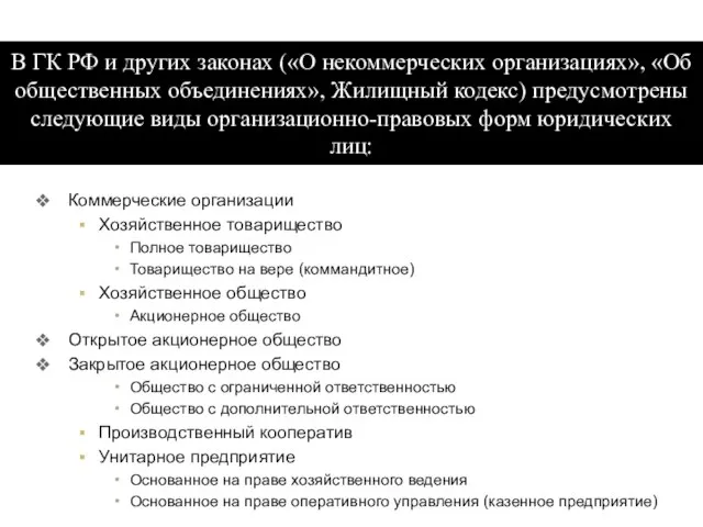 Коммерческие организации Хозяйственное товарищество Полное товарищество Товарищество на вере (коммандитное) Хозяйственное