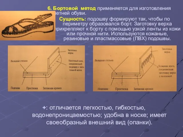 6. Бортовой метод применяется для изготовления летней обуви. Сущность: подошву формируют