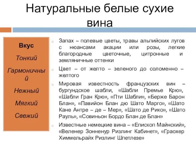 Натуральные белые сухие вина Вкус Тонкий Гармоничный Нежный Мягкий Свежий Запах