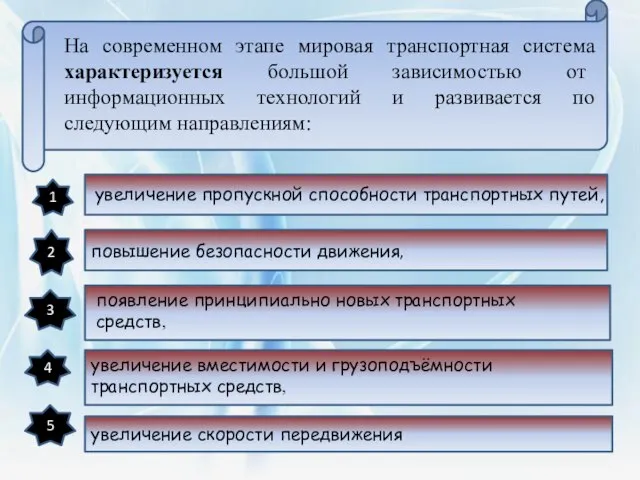 На современном этапе мировая транспортная система характеризуется большой зависимостью от информационных