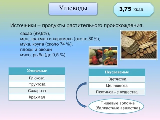 Углеводы Источники – продукты растительного происхождения: 3,75 ккал сахар (99,8%), мед,