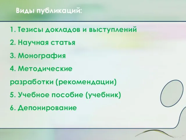 1. Тезисы докладов и выступлений 2. Научная статья 3. Монография 4.