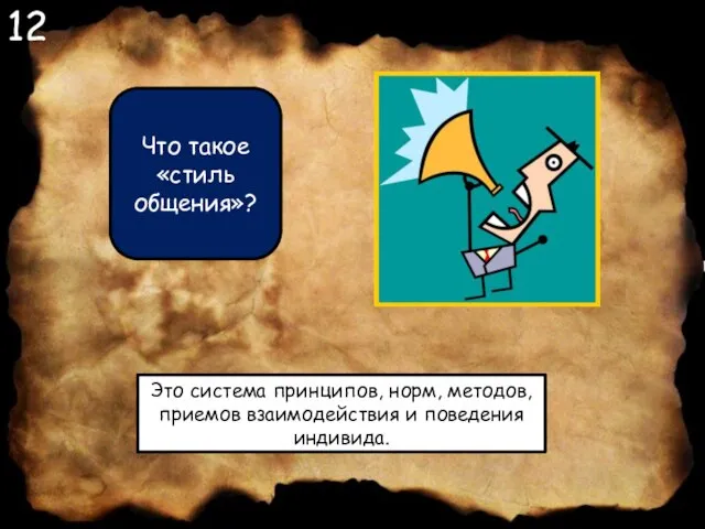 12 Что такое «стиль общения»? Это система принципов, норм, методов, приемов взаимодействия и поведения индивида.