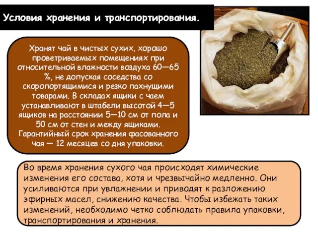 Условия хранения и транспортирования. Хранят чай в чистых сухих, хорошо проветриваемых