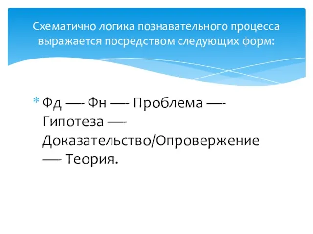 Фд —- Фн —- Проблема —- Гипотеза —- Доказательство/Опровержение —- Теория.