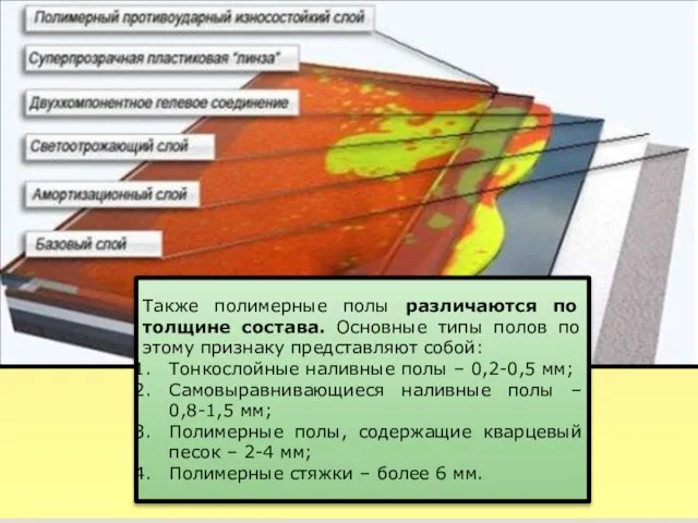 Также полимерные полы различаются по толщине состава. Основные типы полов по