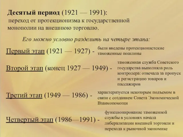 Десятый период (1921 — 1991): переход от протекционизма к государственной монополии