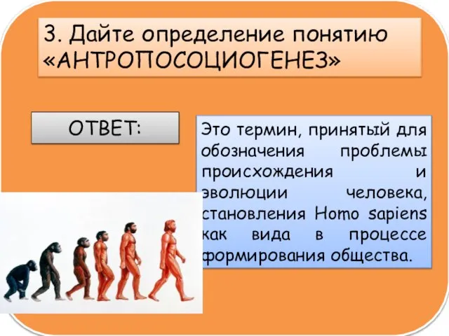 3. Дайте определение понятию «АНТРОПОСОЦИОГЕНЕЗ» ОТВЕТ: Это термин, принятый для обозначения