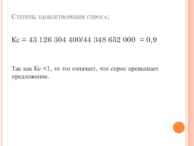 Степень удовлетворения спроса: Кс = 43 126 304 400/44 348 652