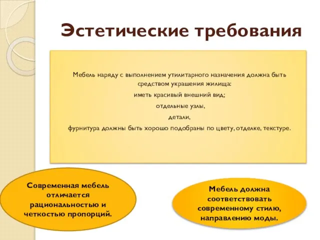 Эстетические требования Мебель наряду с выполнением утилитарного назначения должна быть средством