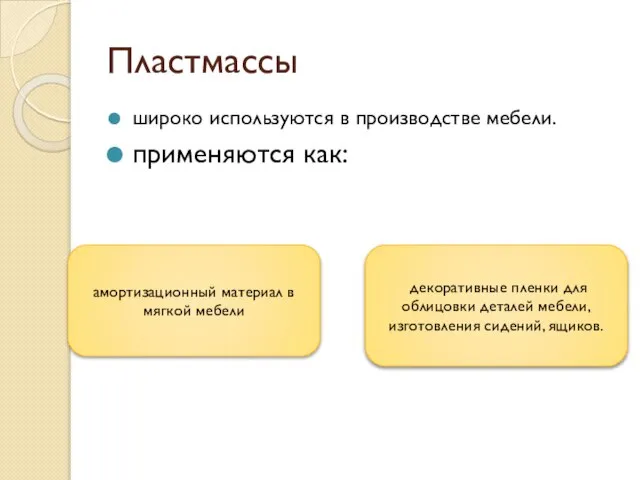 Пластмассы широко используются в производстве мебели. применяются как: амортизационный материал в