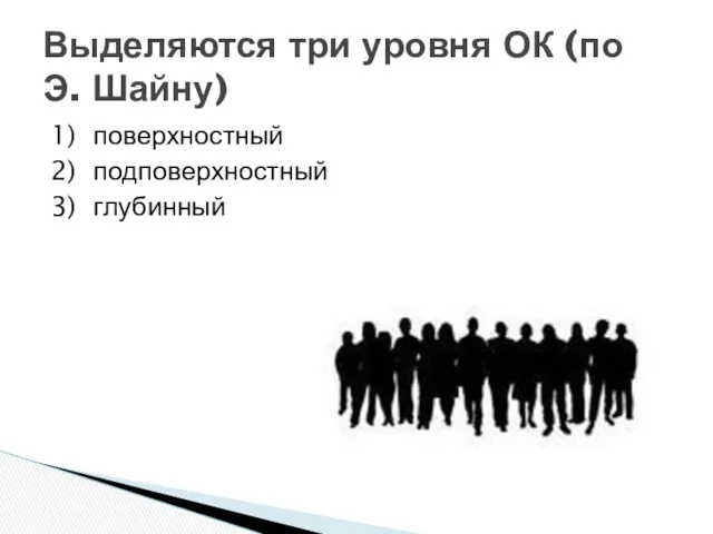 1) поверхностный 2) подповерхностный 3) глубинный Выделяются три уровня ОК (по Э. Шайну)