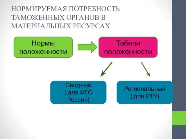 НОРМИРУЕМАЯ ПОТРЕБНОСТЬ ТАМОЖЕННЫХ ОРГАНОВ В МАТЕРИАЛЬНЫХ РЕСУРСАХ Нормы положенности Табели положенности