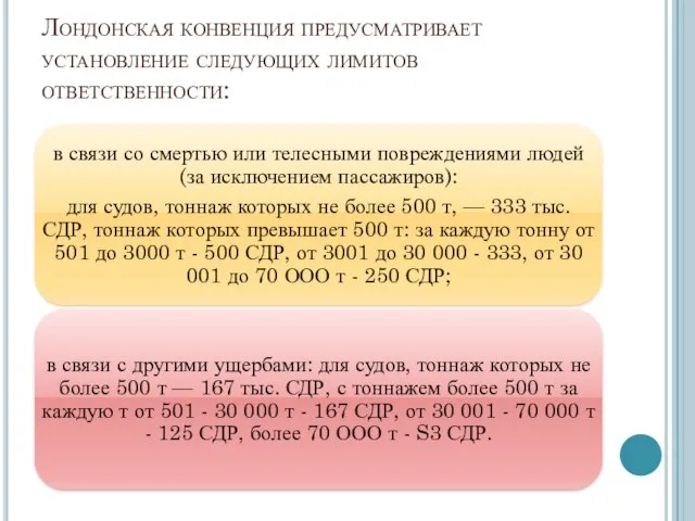 Лондонская конвенция предусматривает установление следующих лимитов ответственности: