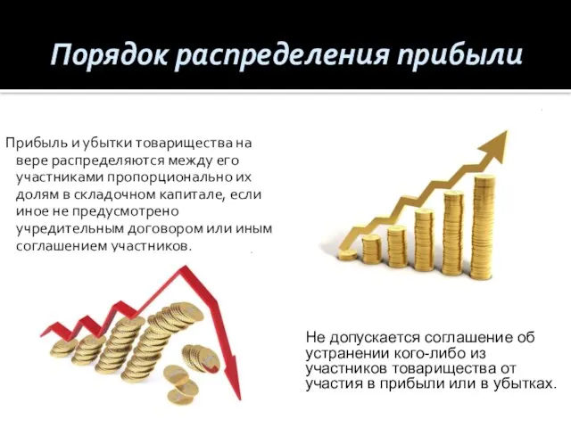 Порядок распределения прибыли Прибыль и убытки товарищества на вере распределяются между