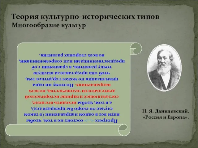 Теория культурно-исторических типов Многообразие культур Прогресс состоит не в том, чтобы