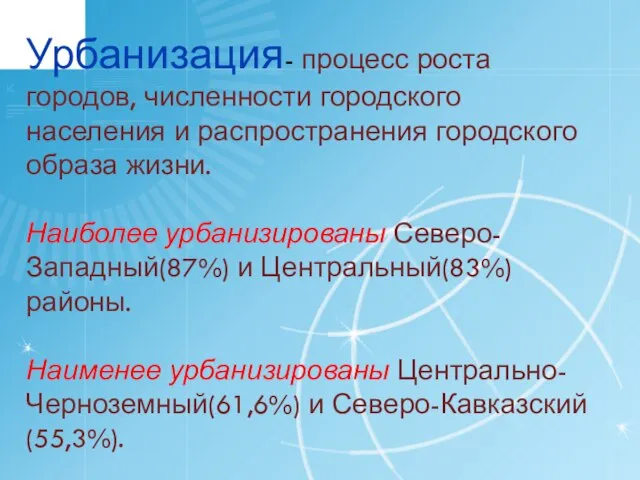 УРБАНИЗАЦИЯ- ПРОЦЕСС РОСТА ГОРОДОВ, ЧИСЛЕННОСТИ ГОРОДСКОГО НАСЕЛЕНИЯ И РАСПРОСТРАНЕНИЯ ГОРОДСКОГО ОБРАЗА