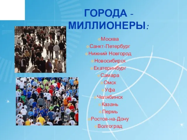 ГОРОДА -МИЛЛИОНЕРЫ: Москва Санкт-Петербург Нижний Новгород Новосибирск Екатеринбург Самара Омск Уфа Челябинск Казань Пермь Ростов-на-Дону Волгоград