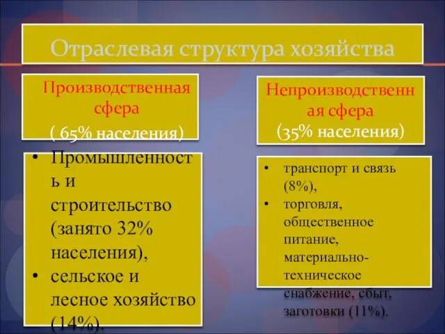 Отраслевая структура хозяйства Производственная сфера ( 65% населения) Непроизводственная сфера (35%