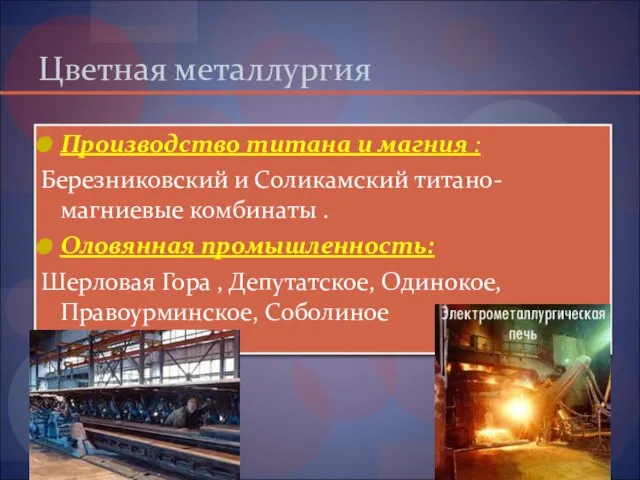 Цветная металлургия Производство титана и магния : Березниковский и Соли­камский титано-магниевые
