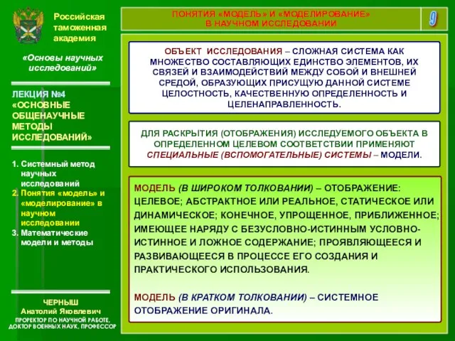 Российская таможенная академия «Основы научных исследований» 1. Системный метод научных исследований